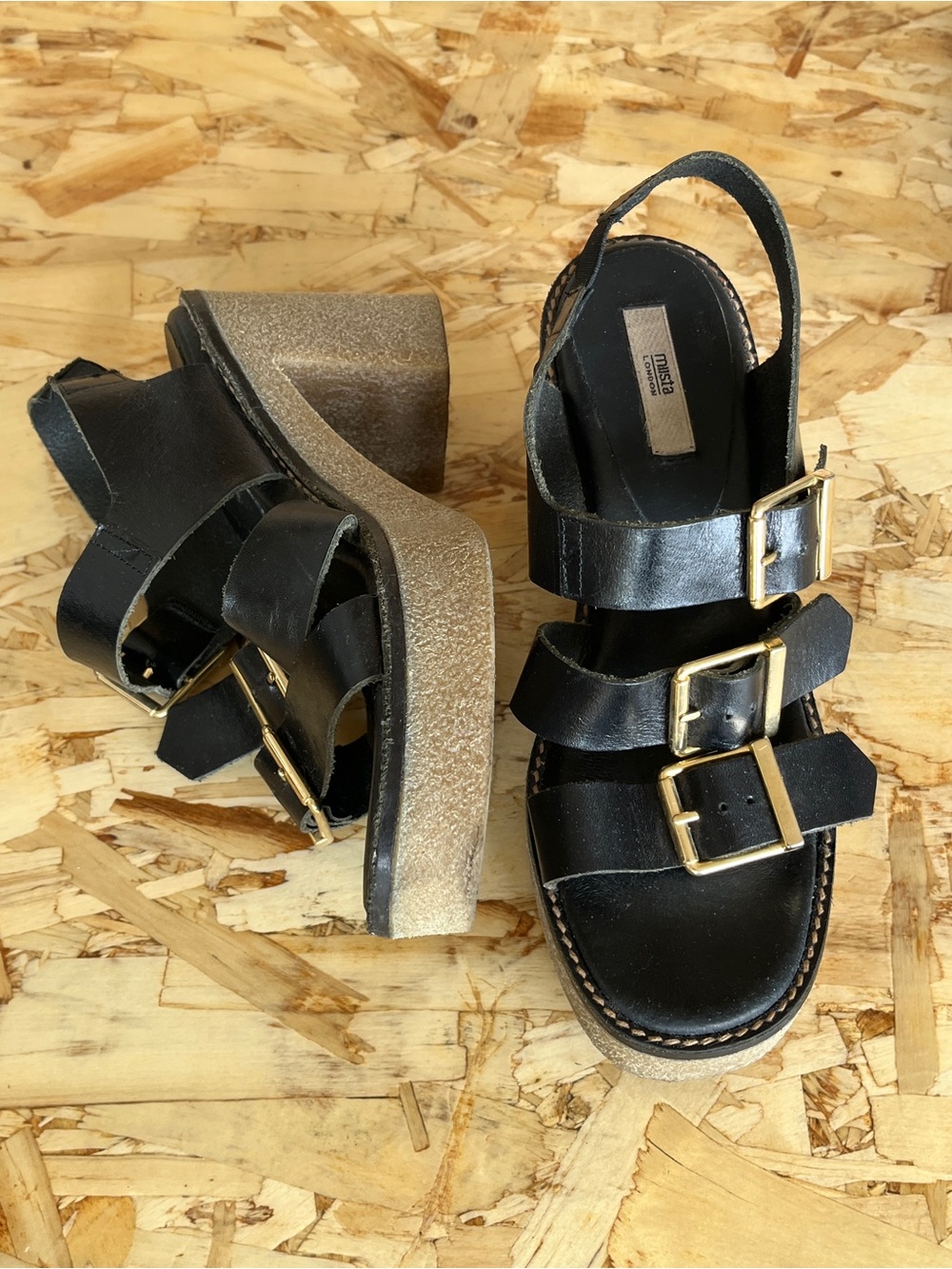Miista Black Leather Platform Sandals with Brass Buckles